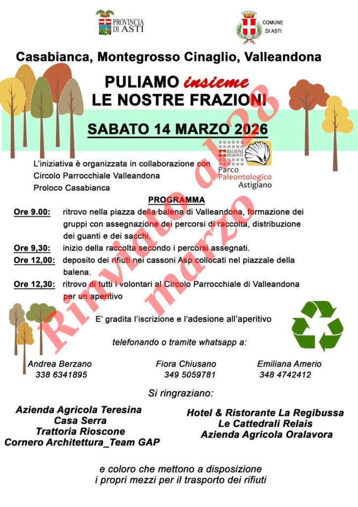 Puliamo le frazioni di Asti: rinviato a Sabato 28 marzo!